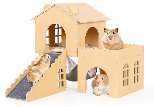 Guinea Pig Hideout with Hammock & Ramp – Multi-Level Wooden Small Animal House for Hamsters, Rabbits, Chinchillas | Easy Assembly Guinea Pig Cages