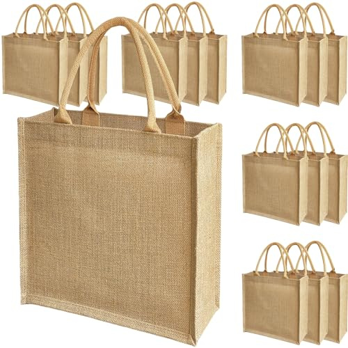 BJFCEK 15pcs Jute handbags Reusable Vertical Burlap Tote bags with Waterproof Liner 12x14x6 Inches for Wedding Favors, Gift Bags, Shopping DIY