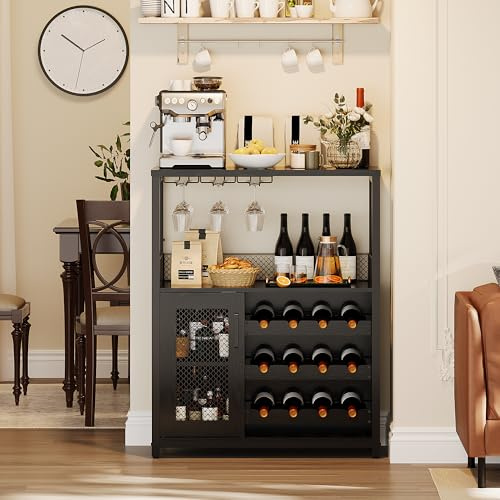 GAOMON Modern 36-Inch Black Wine Bar Cabinet with LED Lights & Mesh Door, Adjustable Glass Rack​ Liquor Storage with 4 Removable Shelves, Freestanding Coffee Bar Cabinet for Home Kitchen Dining Room