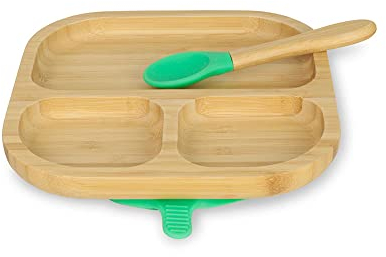 BIOZOYG Juego de platos de bambú cuadrados I Plato con ventosa y cuchara - certificado FSC I platos madera de bambú p. niños - plato y cuenco para niños I vajilla bambú para bebés cuadrada verde
