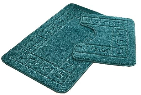 FAIRWAYUK Bathroom Mats Sets 2 Pieces, Ultra Plush Greek Pattern Bath Toilet Mat Anti Slip Pedestal Set, Extra Absorbent 100% Polypropylene Rug, Bathroom Accessory (Dark Teal)