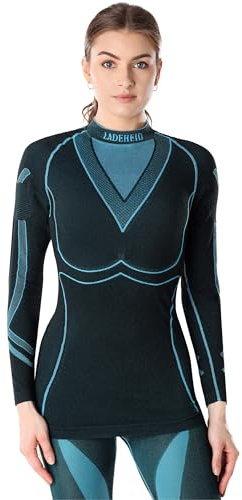 Ladeheid Thermounterwäsche Damen Funktionsunterwäsche Langarm Shirt Thermoaktiv LAGI004 (Schwarz/Turquoise, XL)