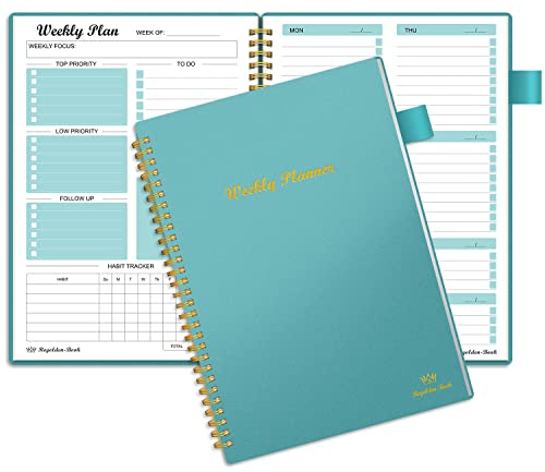Weekly Planner Undated, Weekly Goals Schedule Planner Regolden-Book To Do List Notebook Calendars Organizers Habit Tracker Journal for Man & Women, Spiral Binding, Pocket, Pen Loop, 53 Weeks (7x10)