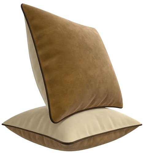 Blau Marité Set aus Zwei dekorativen Kissenbezügen. Aus superweichem Samt hergestellt. Moderne Designs mit kontrastierendem Rand. Die Füllung ist Nicht inbegriffen. (Beige und Braun, 45x45 cm)