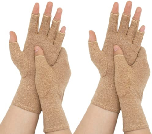 HOTANJI Guanti a compressione, 2 paia di guanti per alleviare il dolore e l'artrite, per donne e uomini, guanti senza dita per mani artritiche (M), Beige, M