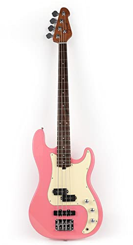 Fojill Full Size Standard Electric Bass Guitar Four 4 String Right Hand Handed Basswood Body Roasted Canadian Maple Neck Genuine Rosewood Fretboard Fingerboard with Gig Bag (Pink)