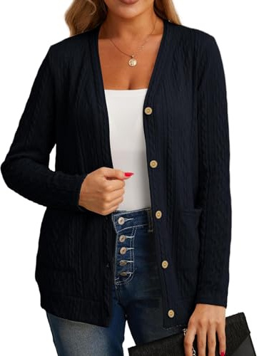 GRECERELLE Womens Cardigan Long Sleeve Lightweight Cardigans Button Down V Neck Ribbed Knit Outerwear Open Front Tops with Pocket for Ladies (Navy Blue, M)