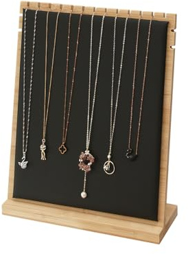 Justsoso Bamboo Necklace Display Stand, Wood Jewellery Necklace Holder, Chain Jewelry Rack Organizer, Tabletop Display Boards for Home or Shop Sell Show (Black PU)
