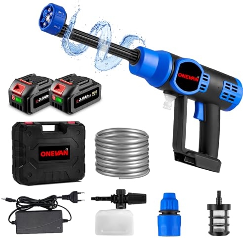 ONEVAN Akku Hochdruckreiniger,60Bar 300W Akku Druckreiniger Mobiler Hochdruckreiniger mit 6-in-1 Düse, Schaumsprüher, 5M Schlauch, für Autowäsche Reinigung und Bewässerung
