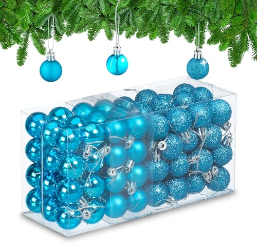 Relaxdays Weihnachtskugeln im 96er Set, glitzernde, matte & glänzende Baumkugeln, Weihnachtsbaumdeko, Kunststoff, petrol