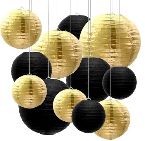 EOWVISN 12 Pieces Round Paper Lanterns, Handmade Folding Lanterns, Hanging Decorative Paper Lanterns, Black Gold Party Decorative Lanterns, Wedding Festive Decorations