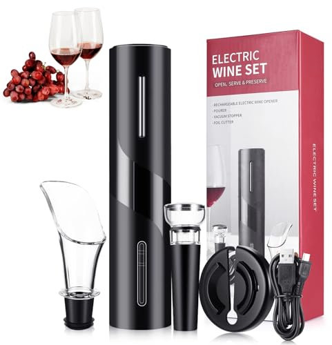 6 en 1 Tire Bouchon Électrique Rechargeable, coffret cadeau, tire-bouchon avec coupe-capsule, bouchon à vide, bec verseur, aérateur de vin, câble USB pour les amateurs vin cadeau maison fête