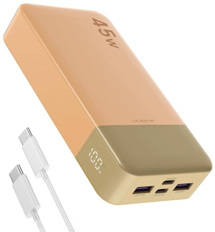 JUOVI Tragbare Powerbank 20000mAh Schnellladefunktion, 45W Akku Pack Power Bank Schnellladen 2 USB-C 2 USB-A mit LED-Anzeige, Akkubank Kompatibel mit Phone, Laptop, Tablet, Notebook J2621 (Orange)