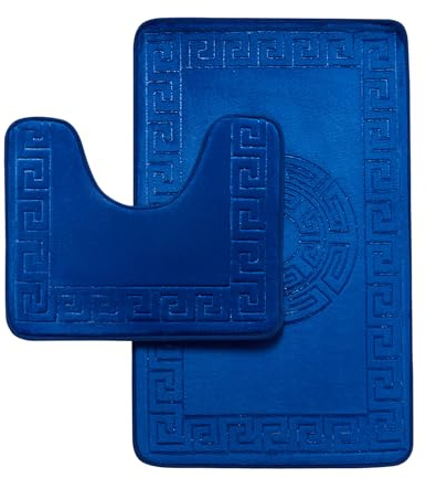 GC GAVENO CAVAILIA Memory Foam Bath Mat Non Slip - Extra Soft Highly Water Absorbent Bathroom Mat Sets 2 Piece - Greek Toilet Rug (50 x 80 cm) & Pedestal Set (50 x 40 cm) - Washable - Royal Blue