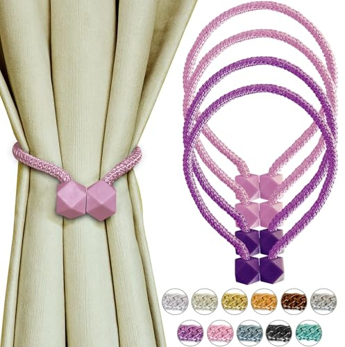 Yazikisa Fermatenda magnetico, 4 pezzi, fermatenda per tende, supporto per tende, supporto per drappeggio, corda, moderno, lavorato a mano, cameretta dei bambini, camera da letto, rosa, viola