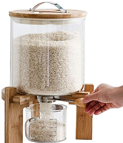 Dispensador de arroz con taza medidora y soporte de madera, vidrio de borosilicato hermético para almacenamiento de arroz y granos, esencial para la cocina