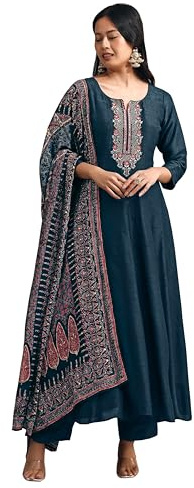 TRENDMALLS Women's Art Silk Embroidery Anarkali Kurta Pant with Dupatta Set (G312-Morpeach-M)