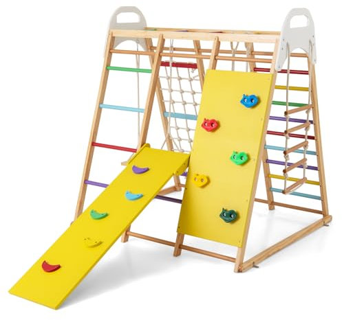 RELAX4LIFE 8 in 1 Triangolo da Arrampicata Multifunzione, Parco Giochi in legno Massello con Scivolo, Altalena e Lavagna, Centro Attività per Bambini 1 a 5 anni (Modello 4 Colorato)