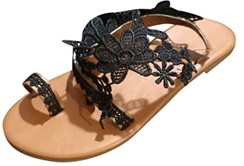 Sandales plates tendance pour femme - Dentelle - Printemps 2025 - Été - Gladiateur - Tendance - Pour le travail et le bureau - Sandales plates confortables pour femme, Noir , 37.5 EU