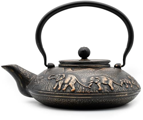 Zen Minded Traditional Japanese Cast Iron Tetsubin Stovetop Teakettle Teapot with Stainless-Steel Mesh Loose-Leaf Filter for Green Tea & Infusions 1.1L Elephant Pattern - Black & Gold