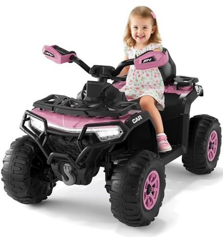 Quad Elettrico Bambini 12V con Telecomando Genitori, 2 Motori, Sospensioni, Luci LED, Bluetooth, USB, Musica, ATV 4 Ruote Fuoristrada con Bandiera LED, Giocattolo da 3 Anni (Rosa)