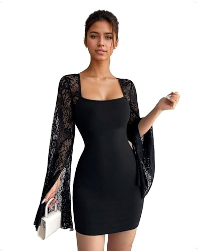 EMOTTOS Mini-Robe à Encolure Carrée en Maille pour Femme, Robe élégante à Manches Cloche et Fente, Robe Moulante en Dentelle Ajustée pour Les Sorties en Boîte de Nuit, Noir, M