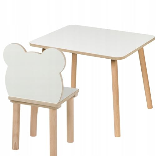 PlayPals Furniture Set tavolo + sedia orso per bambini 60×50×47 cm – Tavolo e sedia per bambini in MDF e legno – Design bianco con finitura naturale – Bordi arrotondati, sicuro per bambini, stabile