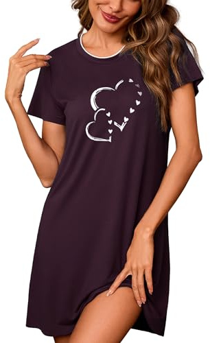 Leversic Camica da Notte Donna Estiva Maniche Corte Cotone Vestaglia Motivo a Cuore T-Shirt da Casa Casual Viola Scuro M
