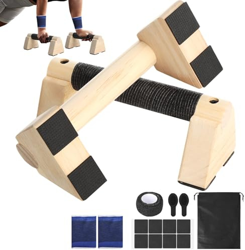 Wooden Parallettes Bars, Solid Non-Slip Push Up Bar Set with Wristband, Finger Protection Strap and Storage Bag, Sturdy Parallel Bars, Calisthenics Equipment for Fitness, Gymnastics, Aerobics