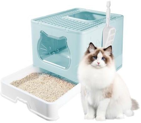 LN Cozy CORNE Large Foldable Cat Litter Box with Slide-Out Tray, Scoop, Hooded Litter Tray with Flap Door, Anti-Splashing Portable Enclosed Cat Toilet for Big Cats, 50 * 40 * 38cm Blue