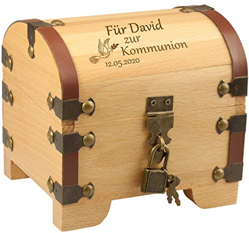 Schatztruhe mit Gravur | Personalisierte Geschenke zur Kommunion für Mädchen & Jungen | Kommunionsgeschenk zur Erstkommunion | Schatzkiste mit Schloss für Geldgeschenke | Holzkiste Erinnerungskiste