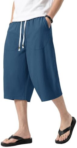 KEFITEVD Mens Summer Shorts Three Quarter Length Trousers Linen Yoga Pants
