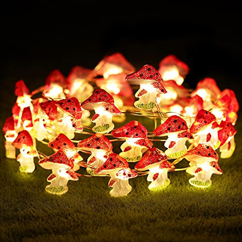 Mushroom Decor Lights - 10 ft, 40 LEDs, Battery Powered, 8 Lighting Modes, Remote Timer for Bedroom, Winter, Christmas Party Decoration