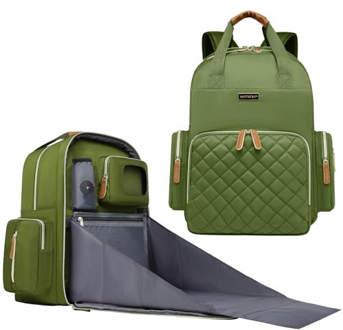 WITSTEP Mochila para pañales con cambiador y organizador de pañales para mamás, papás, bolsas grandes para cambiar el bebé, Verde, Mochila para pañales con cambiador