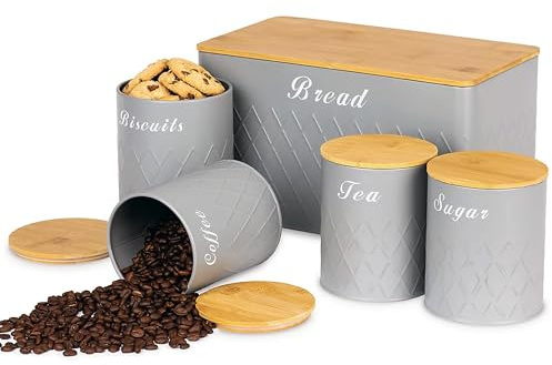 SAMTEK 5 Piece Bread Bin Set, Kitchen Canister Set with Tea Coffee Sugar, Biscuits Tins & Bread Bin, with Airtight Bamboo Lids, Metal Finish, Easy to Clean, Diamond Pattern Design