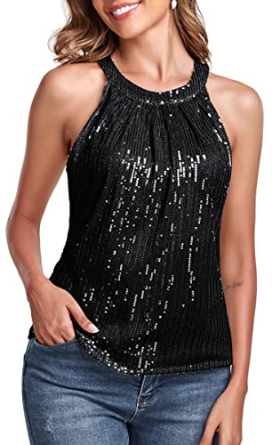 Fenyong - Top con paillettes per donna, senza maniche, elegante, con lustrini, canotta per feste, discoteca, concerto, camicia da cocktail, nero, M