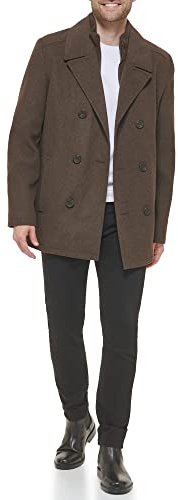 Kenneth Cole Men's Wool Top Coat, PEA COAT MEDIUM BROWN, X-Large