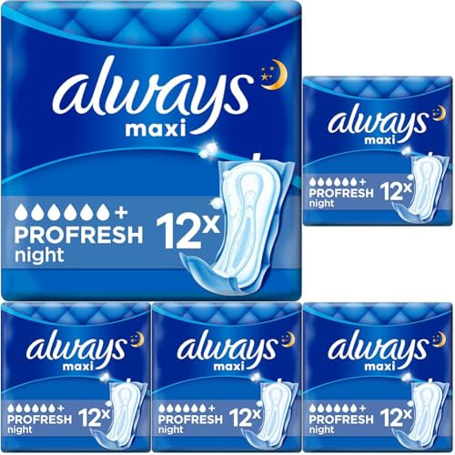 Always Maxi Serviettes Hygiéniques, ProFresh Night, 12 Serviettes Sans Ailettes, Flux Très Abondants Nuit, Cœur Ultra Absorbant et Neutralisation des Odeurs (Lot de 5)