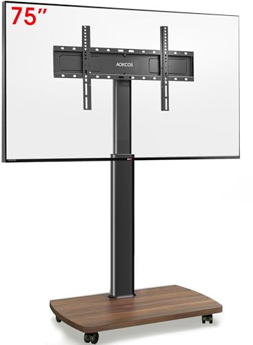 AOKCOS TV Bodenständer Rollbar mit Holzregal, TV Ständer mit Rollen für 43-75 Zoll Flach & Curved Fernseher bis 50kg, Höhenverstellbar Schwenkbar Fernsehstand, Max.VESA 600x400mm