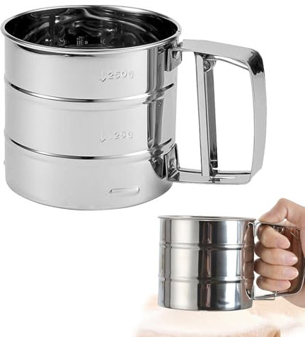 vcsjw Colino per farina in acciaio inox, 250 g, funzionamento con una sola mano, filtro per zucchero a velo, filtro utilizzabile con una sola mano, in acciaio inox, per farina, zucchero, cacao in