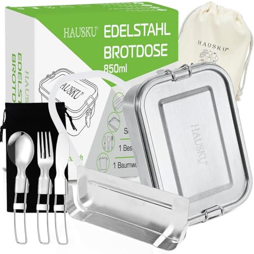 HAUSKU Brotdose Edelstahl mit Fächern 850 ml - Lunchbox mit Bewegliche Trennwand und Besteck, Auslaufsicher Brotdose Metall, BPA-frei, Spülmaschinenfest, Wiederverwendbar – Für Erwachsene & Kinder