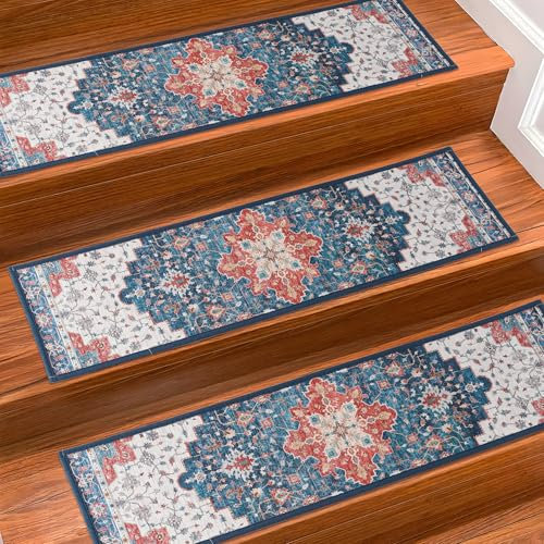 Stair Treads Non Slip, Carpet Stair Treads for Wooden Steps, Removal Indoor Stair Runner Rug with Reusable TPE Adhesive Backing,Residue Free Mat for Kids, Elders, Pets,15PCS, 8 X 30, Blue
