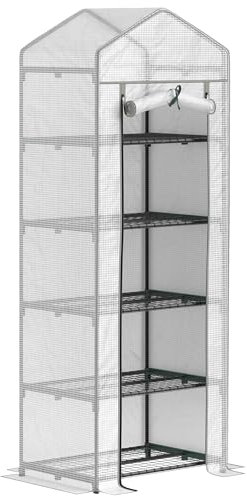 Outsunny 5 Tier Mini Greenhouse, Portable Greenhouse with Reinforced PE Cover, Garden Grow House with Roll Up Door and Shelves, 69 x 49 x 193cm, White/Grey