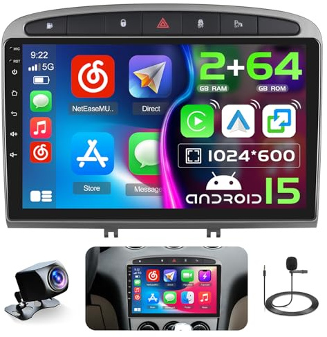 Hikity 2G 64G bilradio Android 15 för Peugeot 308/408 2007–2015 med 9-tums pekskärm, 2-DIN stereo med trådlös Carplay, Android bil, radio FM/RDS, BT, GPS, WiFi bakkamera mikrofon
