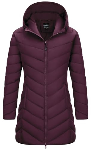 Outdoor Ventures Women's Long Jacket Lightweight Quilted Hooded Coat Insulated Ladies Jacket for Trekking, Climbing & Skiing Wine Red XXL