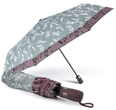PERLETTI Ombrello Pieghevole Antivento Donna con Fiori - Ombrello Compatto da Borsa Resistente Apri Chiudi Automatico - Ombrellino Ragazza da Viaggio Robusto - Diametro 98 cm (Azzurro Bordo Malva)