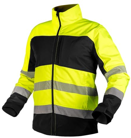 NEO TOOLS Warnschutz Softshell Jacke Klasse - Gelb/Schwarz, Reflektierende Streifen, Taschen mit Reißverschluss, Verstellbare Ärmel, Namensschild für Bau, Straße & Lager