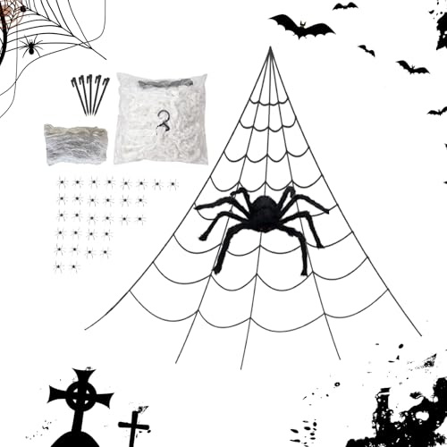 Telaraña de Halloween, araña aterradora falsa con gran telaraña – Decoraciones grandes de exterior para jardín, patio, casa, interior, fiestas