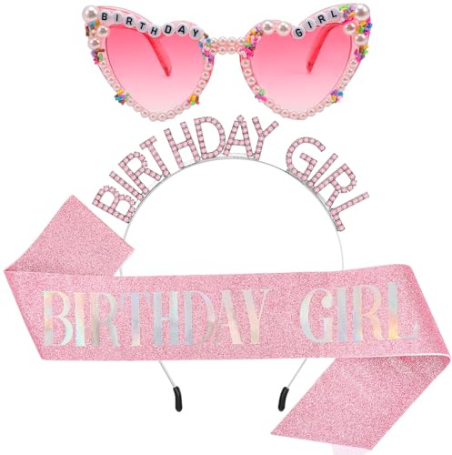 ViEinkaufen Birthday Girl Accessories Kit Happy Birthday Party Accessories | Birthday Glitter Sash with Heart Pearl Sunglasses and Sparkling Crystal Headband for Girl Women Costume