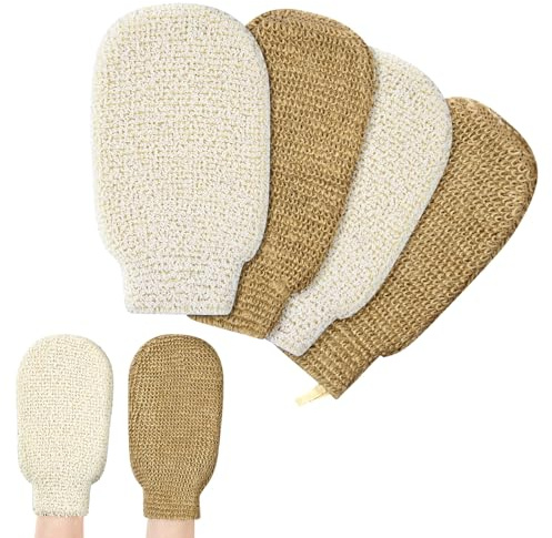 LOPHE sisal duschhandskar, set om 4 stycken exfolierande handskar kropp sisal exfoliating gloves, duschskrubbning handskar tvättbara för män kvinnor barn, spa, massage, färgblandning